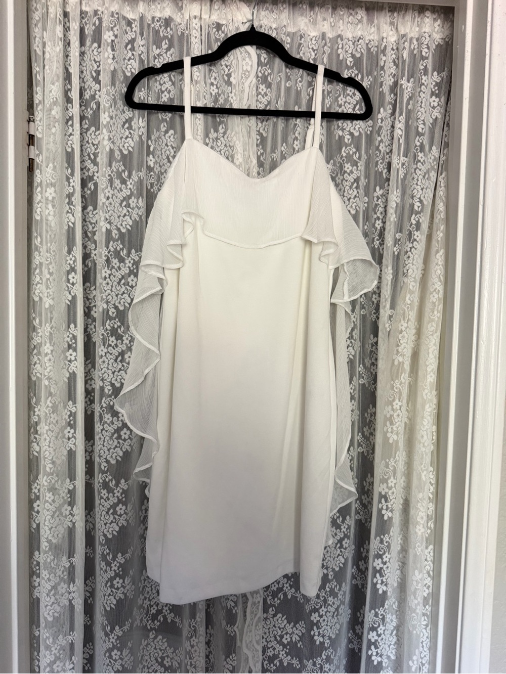 DKNY White Cape Ruffle Bridal Mini Dress